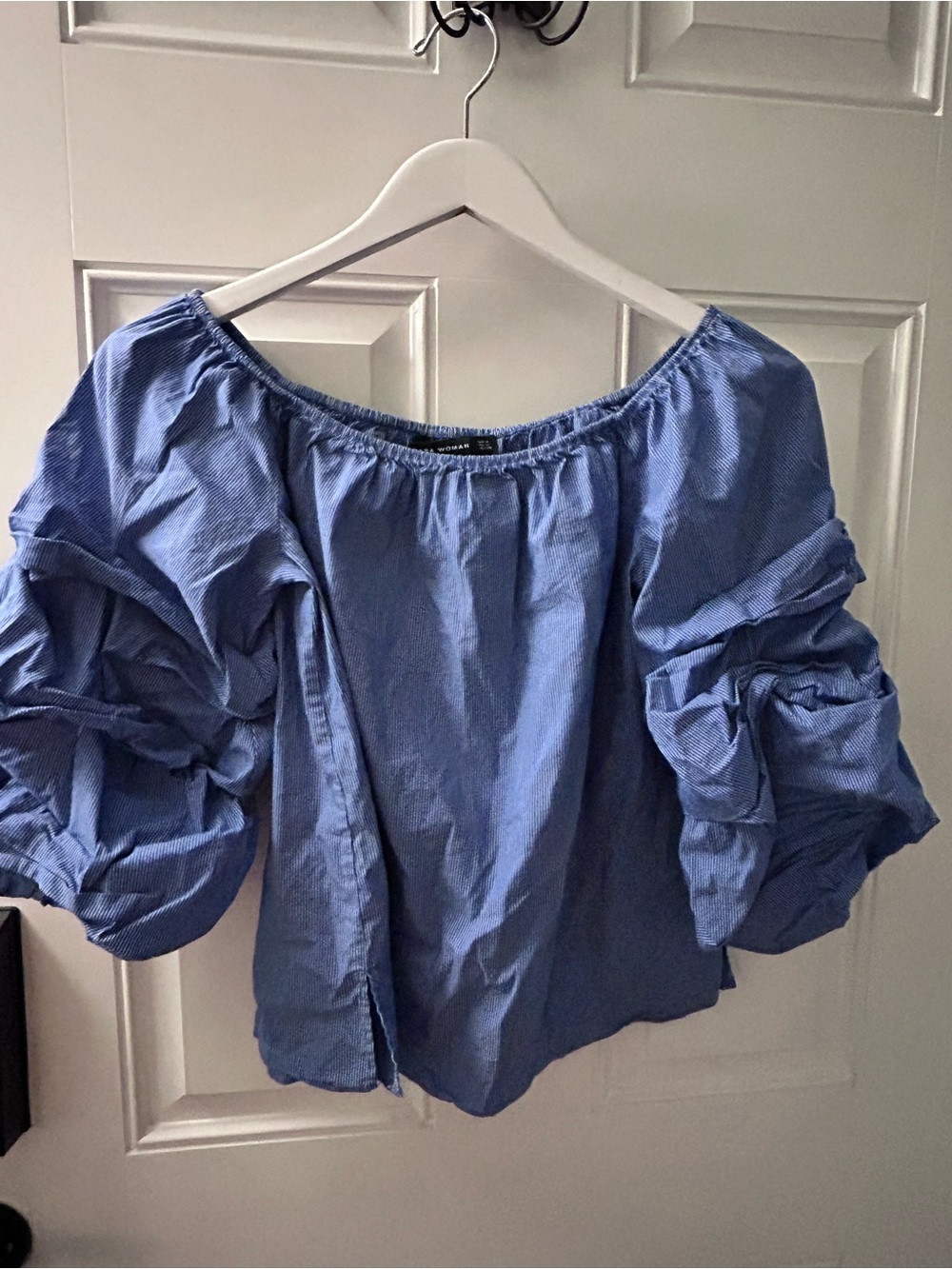 Zara Light Blue Off-Shoulder Puff Sleeve Blouse